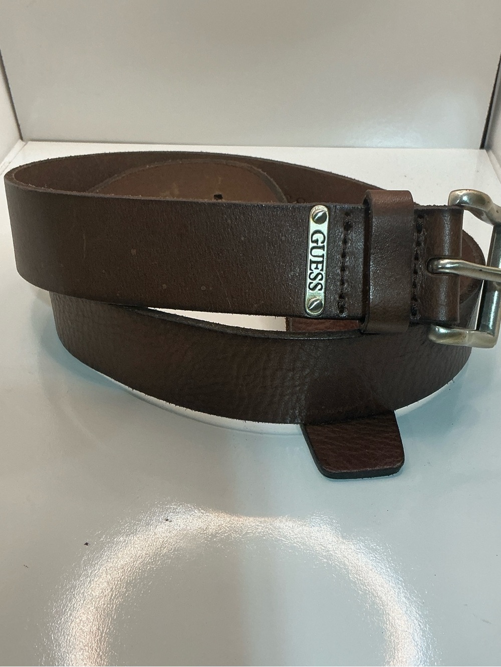 GUESS Men's Dark Brown Leather Belt with Silver Buckle
